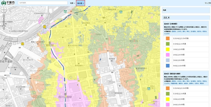 千葉市中心部のハザードマップ（風水害版）