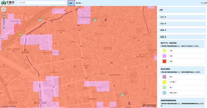 千葉市中心部のハザードマップ（地震版）
